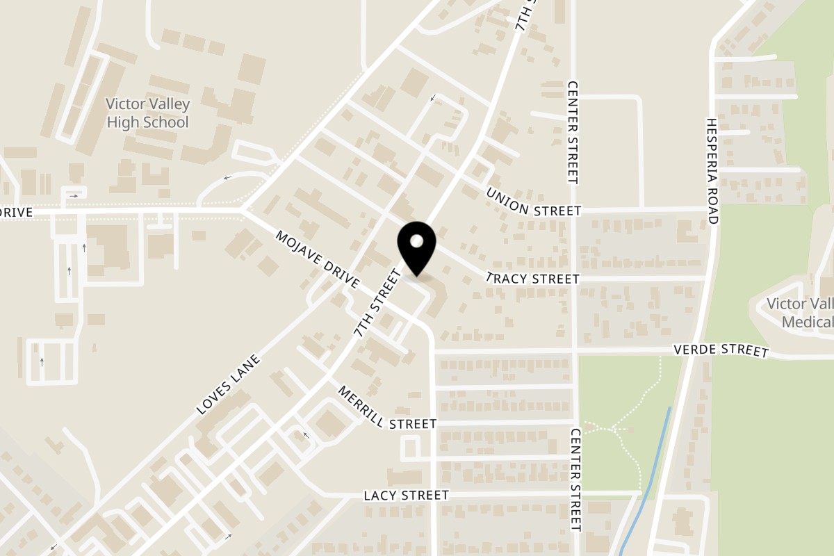 Map showing the location of 7th Street Pizza on 15215 7th St B in Victorville